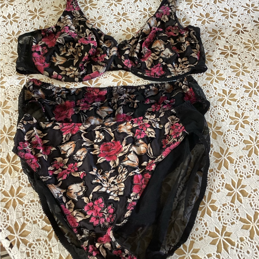 Fashion Bug Black Bra and Brief Set with Pink & Cream Floral Embroidery